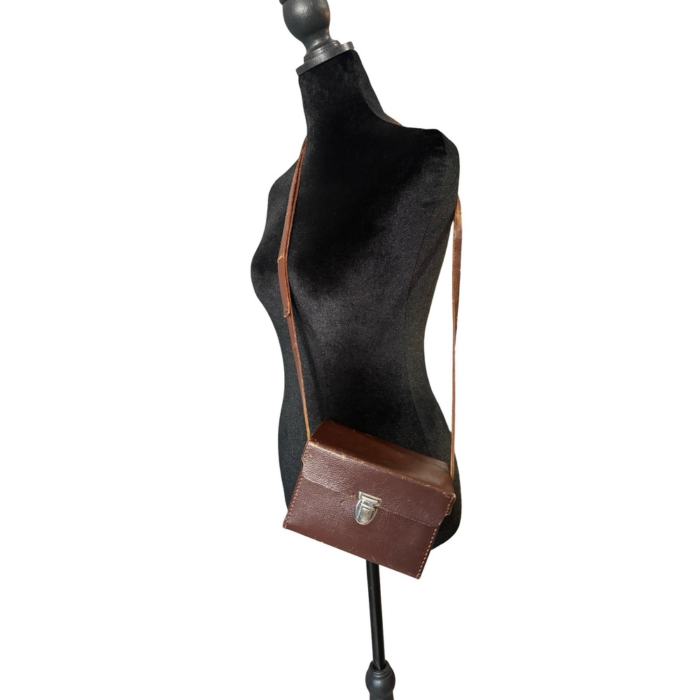 Vintage Brown Leather Box Crossbody Camera Bag Small Minimalist